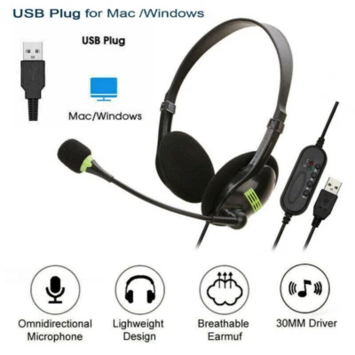 USB Wired Headset Headphones with Microphone Mic For Skype Call Centre PC Laptop - Image 1 of 4