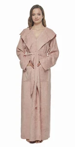 WOMENS TURKISH COTTON TERRY HOODED LONG LUXURY BATHROBE ROBE FOR WOMAN - Picture 1 of 41