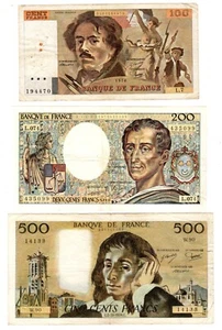 LOT SET SÉRIE 3 BILLETS France 100 DELACROIX 200 MONTESQUIEU PASCAL (1980-1990) - Afbeelding 1 van 1