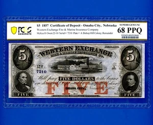 1857 $5 Western Exchange, NEBRASKA PCGS 68 PPQ SUPERB GEM UNC - Picture 1 of 2
