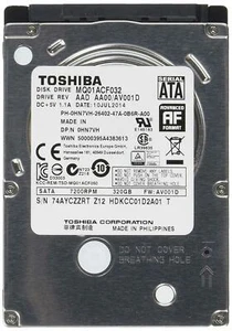 TOSHIBA MQ01ACF032 320GB 7.2K 2.5" 7MM LAPTOP HARD DRIVE DELL 0HN7VH  - Picture 1 of 1