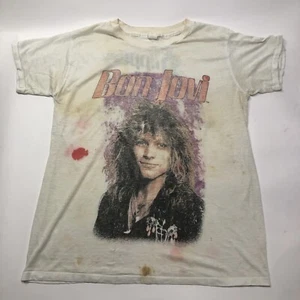Vintage 80s Bon Jovi Slippery When Wet Distressed Thin White Large T Shirt Vtg - Picture 1 of 12