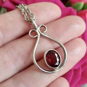 Sterling Silver Garnet Necklace Pendant Long Red Gemstone Ladies Women Gift - Picture 1 of 14