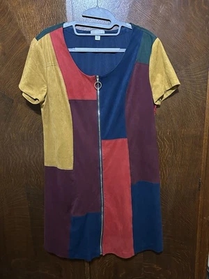 Vintage 80’s 60’s 70’s Patchwork  Go-go Mini Dress Front Full Length Zipper Sz L - Image 1 of 4