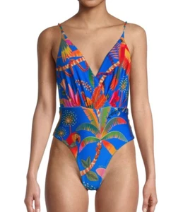 ๐$215 FARM RIO SZ LARGE MACAW PARTY CHEEKY DEEP V ONE PIECE SWIMSUIT NEW - Picture 1 of 4