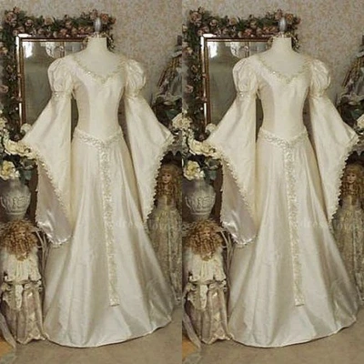 Vestidos de noiva Victoria gola V mangas compridas cetim vintage década de 1950 vestidos de noiva - Imagem 1 de 4