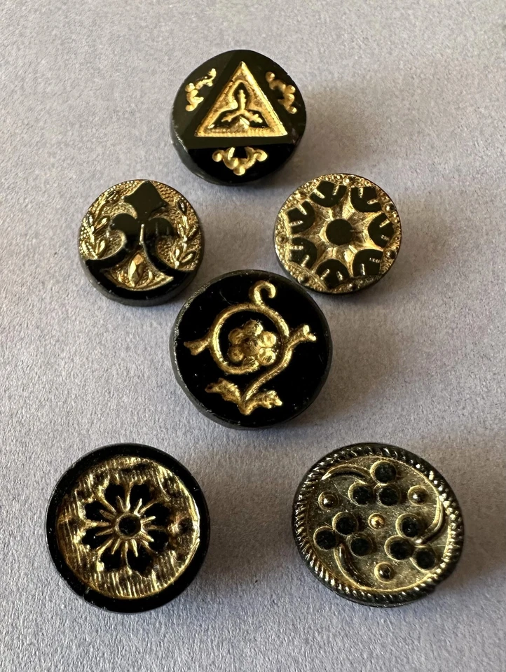 6 botones vintage de vidrio negro con diseño de brillo dorado Foto 1 de 1