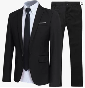 Wangyue Men's Suit Slim Fit Black 2 Piece L 42R 36W Notch Lapel 1 Button - Picture 1 of 3