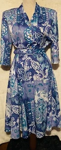 VTG 70s 80s California LOOKS Floral Paisley Belted Tea Day Dress Blue Women’s 8P - Picture 1 of 9