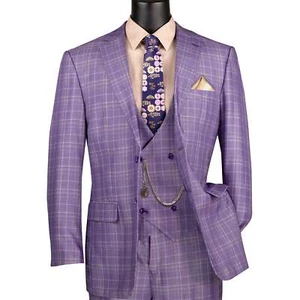VINCI Men's Light Purple Sharkskin Glen Plaid 3pc Classic-Fit Suit - NEW - Picture 1 of 4