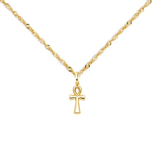 14K Gelbgold 0,9mm Singapur Kette mit gelbem Ankh Kreuz religiös Anhänger - Bild 1 von 6