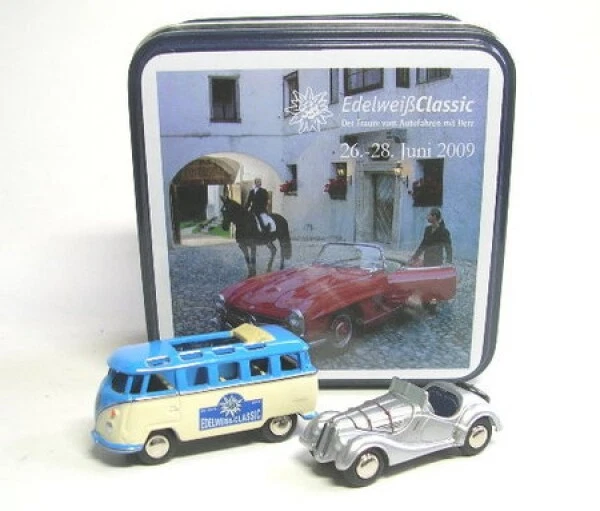 Set Con BMW 328 Roadster E VW Samba Bus - Edelweiß Classic 2009 1:87 BUB - Immagine 1 di 1