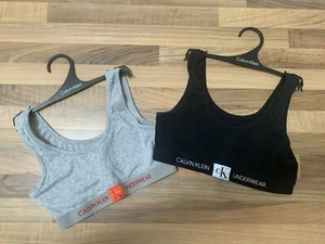 NEW PACK OF 2 GIRLS CALVIN KLEIN CROPPED BRALETTES AGE 10-12 IN BLACK & GREY - Picture 1 of 10