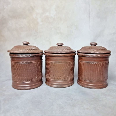Pot en terre cuite avec couvercle à tabac, style grès ancien, lot de 3 pièces - Photo 1/4