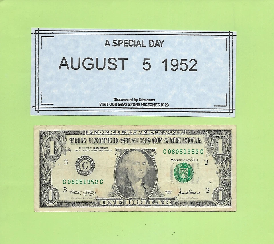 AUGUST 5, 1952 .. 2001 $1  C 0805 1952 C .... BIRTHDAY NOTE .... 08-05-1952 - Image 1 of 1