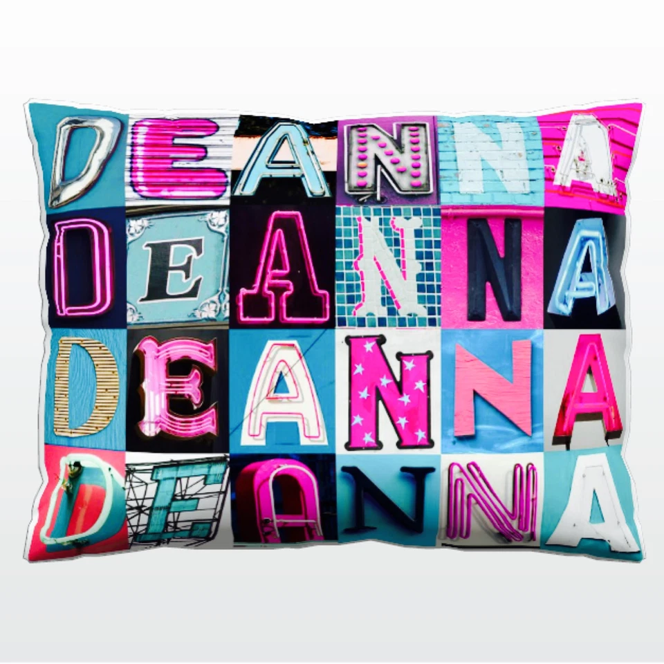 Personalized Pillow featuring the name DEANNA in photo of PINK/BLUE sign letters - Image 1 of 1