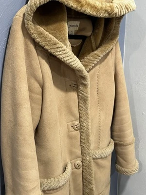 Women's St John Bay Coat S Eskimo Toggle Faux Suede Spiral Fur Trim Hood Brown - Image 1 of 4