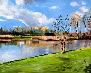 Landscape Acrylic OriginalPainting Realism Fine Art Field lake trees abstract - Picture 1 of 3