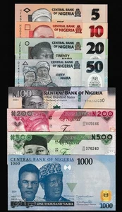 Nigeria Banknotensatz 8 Stück 5, 10, 20, 50, 100, 200, 500, 1000 Naira 2024 UNC - Bild 1 von 2