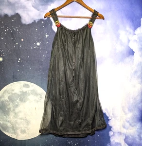 Vintage Black Sheer Tulle Slip Dress Flower Patches Size M Goth Grunge Fairy - Picture 1 of 8