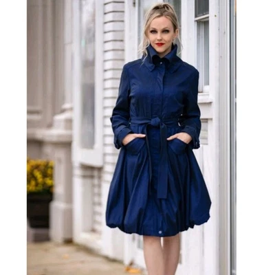 SAMUEL DONG Classic Bubble Trench Coat Dress Midnight Blue Womens S Water Resist - Image 1 of 4