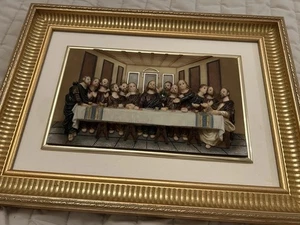 Three Dimensional Rendition Of “The Last Supper” Matted And Framed In Gold Tone - Picture 1 of 11