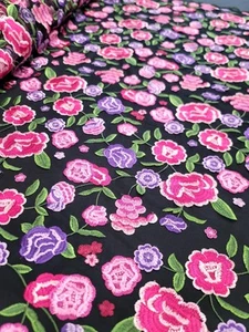 Floral Design Fuchsia Lavender Embroidered Lace Fabric By The Yard BLACK MESH - Picture 1 of 14