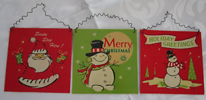 Vintage Retro 50's Christmas PORCELAIN ENAMEL Wall Signs HANGING,   LOT OF 3, 6"