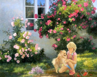 Girl and dog playmate Oil Painting HD Giclee Art Printed on canvas L2234 Foto 1 de 4