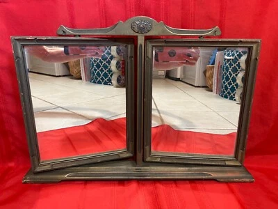 RARO 2 espejos de afeitar doble marco de madera pintado de pie 11"x9" cada uno antiguo Foto 1 de 4