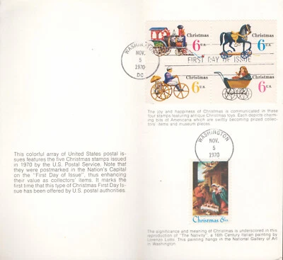 1970 FDC - Scott# 1414 + 1415-18 - Christmas Issues - on Greeting Card - Image 1 of 2