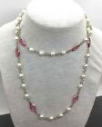 Austrian Marquise Pink Crystals & Faux Pearl Necklace Silver Tone 30" Vintage 