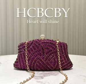 Elegant Purple Rhinestone Evening Bag Luxury Beaded Clutch Purse Gold Chain - Picture 1 of 11