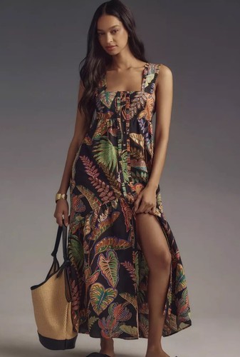 PALM ANGELS Nuovo abito midi senza maniche Anthropologie Farm Rio nero fogliame S $280 Nuovo con etichette