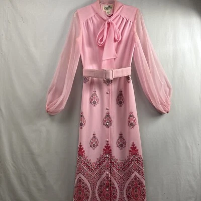 Vintage Alfred Shaheen Maxi Dress Womens 10 Pink 1970s Nouveau Pussy Bow Chiffon - Image 1 of 4