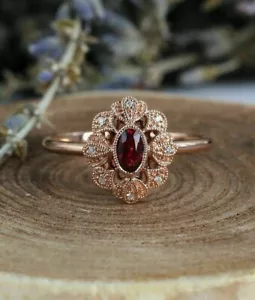 2Ct Oval Cut Simulated Red Garnet Engagement Halo Ring 14k Rose Gold Plated - Picture 1 of 5