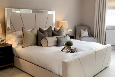 RICHMOND BEDS Mirrored Bed Upholstered Wooden Fabric Mirror Bed Frame with Headboard Footboard