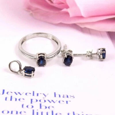 Zaffiro Blu Ovale Gemma Massiccio 925 Silver Minimalista Gioielli Set Regalo Per - Immagine 1 di 4