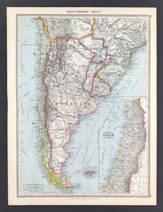 Mapa grande de Sudamérica y Chile original con litografía 1906 - Imagen 1 de 4