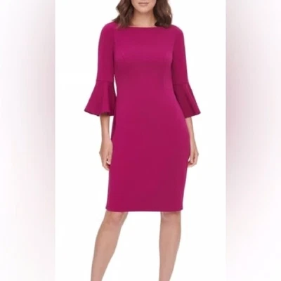 Eliza J Bell Sleeve Sheath Dress Zip Back Business Cocktail Women 6 Magenta - Image 1 of 4