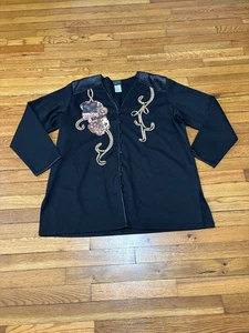 KOOS of course Womens Jacket Plus Sz 1X Black Embroidered Floral Patch Button Up - Picture 1 of 10