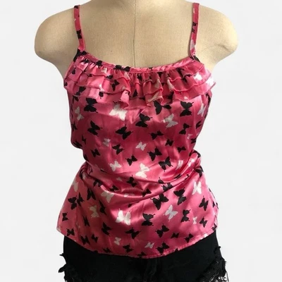Camiseta sin mangas rosa blanca negra satinada volantes mariposa correa de espagueti cami para mujer S’s Foto 1 de 4