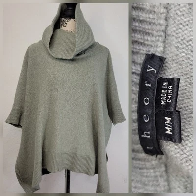 Pulôver Theory Cashmere malha poncho suéter tamanho médio gola alta verde - Imagem 1 de 4