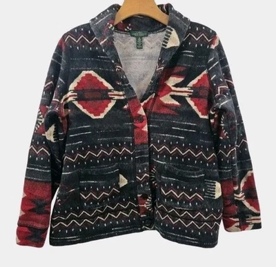 Jaqueta Ralph Lauren Feminina Tamanho 1 X Asteca Sudoeste Preta Vermelha Bolsos de Algodão - Imagem 1 de 4