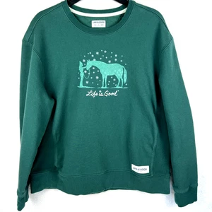 Felpa donna Life Is Good taglia L manica lunga cotone verde con cavallo e neve - Foto 1 di 7