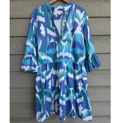 Vestido Francés Sheridan Para Mujer M Azul Verde Estampado Ikat Boho Túnica en Niveles Resort Foto 1 de 4