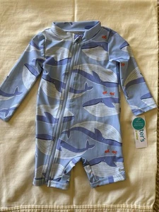 NWT Carters Infant Blue one piece Swimsuit Whale Pattern Size 6-9 Months Zip Up - Picture 1 of 6