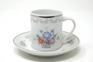 Vintage Leart Brazil Platinum Trim Blue Orange Flowers Demitasse Cup & Saucer - Picture 1 of 6