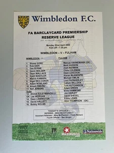 Wimbledon v Fulham Reserves 2002 Teamsheet - Picture 1 of 2