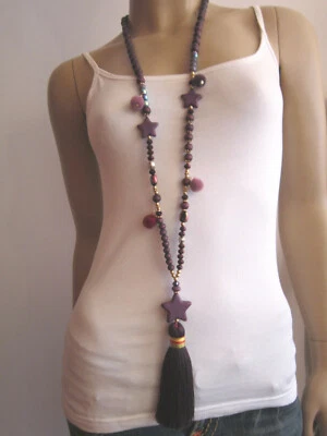 Modekette Damen Hals Kette Bettelkette lang Lila Sterne Lagenlook Ibiza Boho s44 - Bild 1 von 4